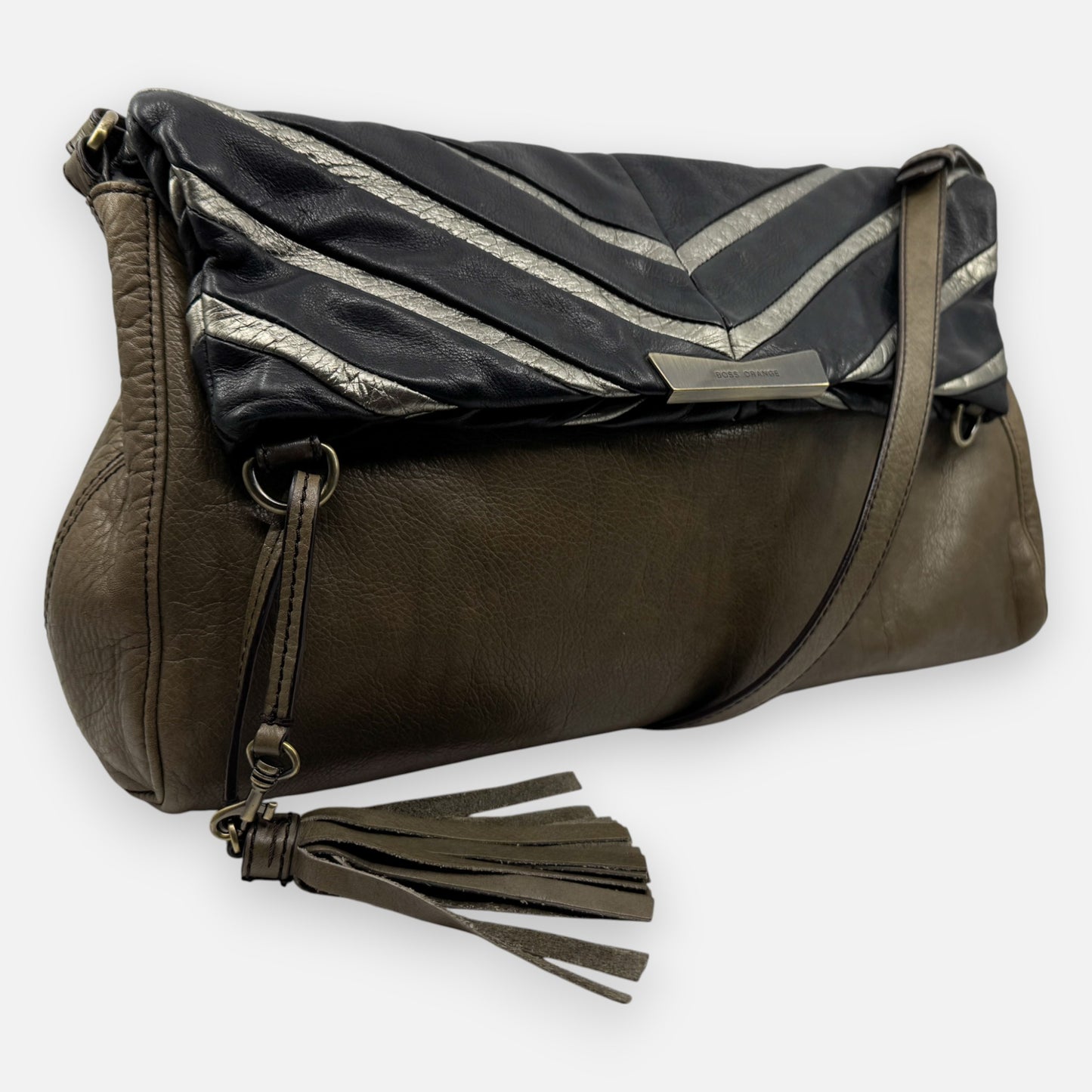 Boss Orange Olive Green, Black and Silver Leather Shoulder Bag