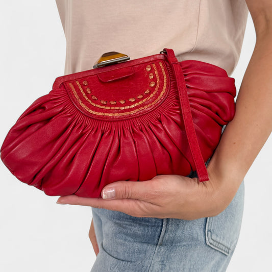 Christian Dior Vintage Red Pleated Leather Galliano Plissé Clutch Bag