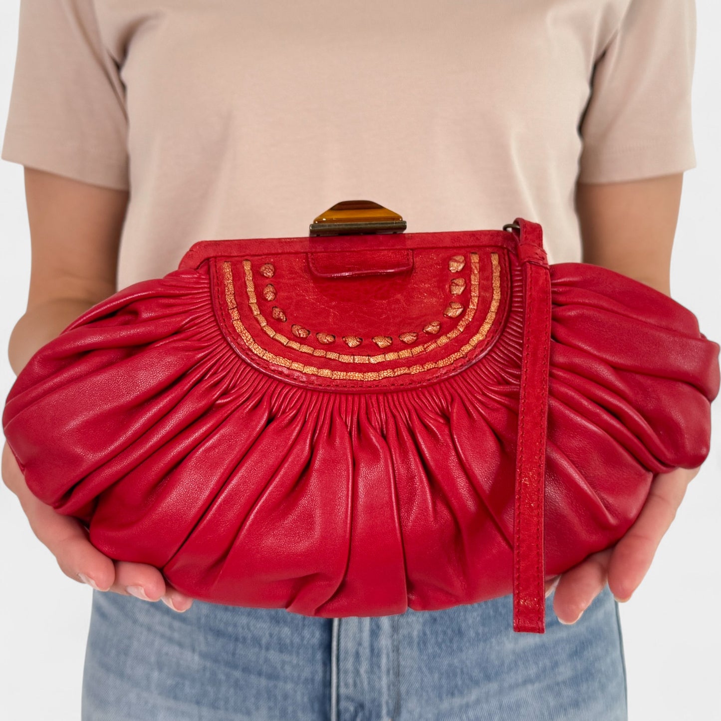 Christian Dior Vintage Red Pleated Leather Galliano Plissé Clutch Bag