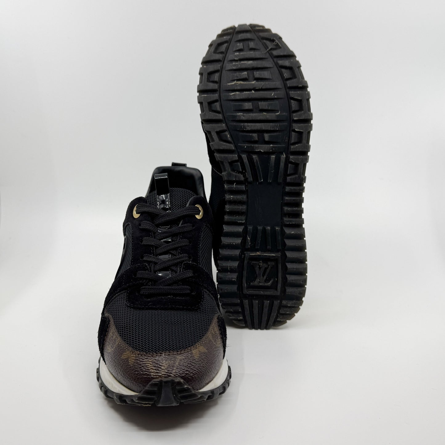 Louis Vuitton Black Mesh Leather Monogram Canvas Run Away Sneakers EU38 ~ AU7