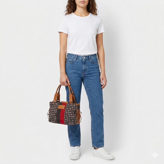 Kate Spade NY Red Brown Leather Canvas Noel Shoulder Bag