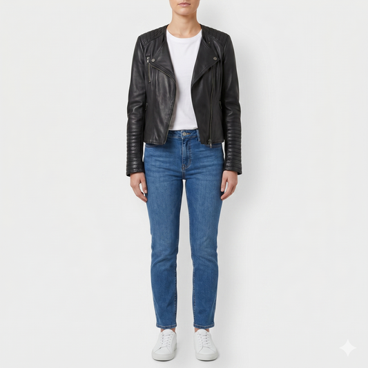 Decjuba Black Leather Quilted Biker Jacket AU10
