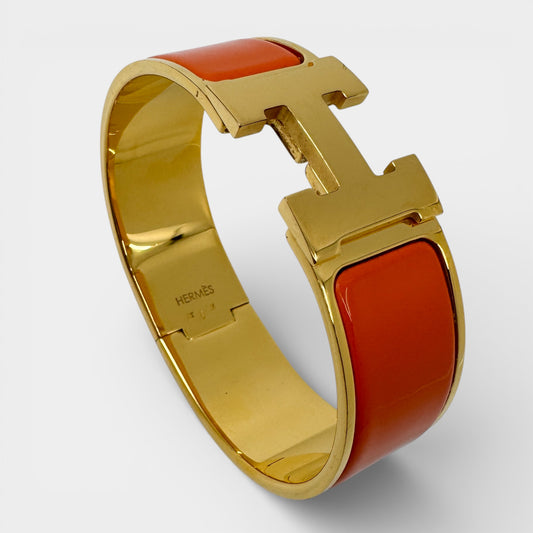 Hermes Orange Enamel Gold Plated Clic-Clac H PM Wide Bracelet