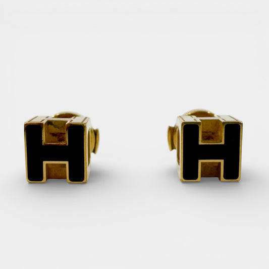 Hermes Cage d'H Black Enamel Gold Plated Stud Earrings