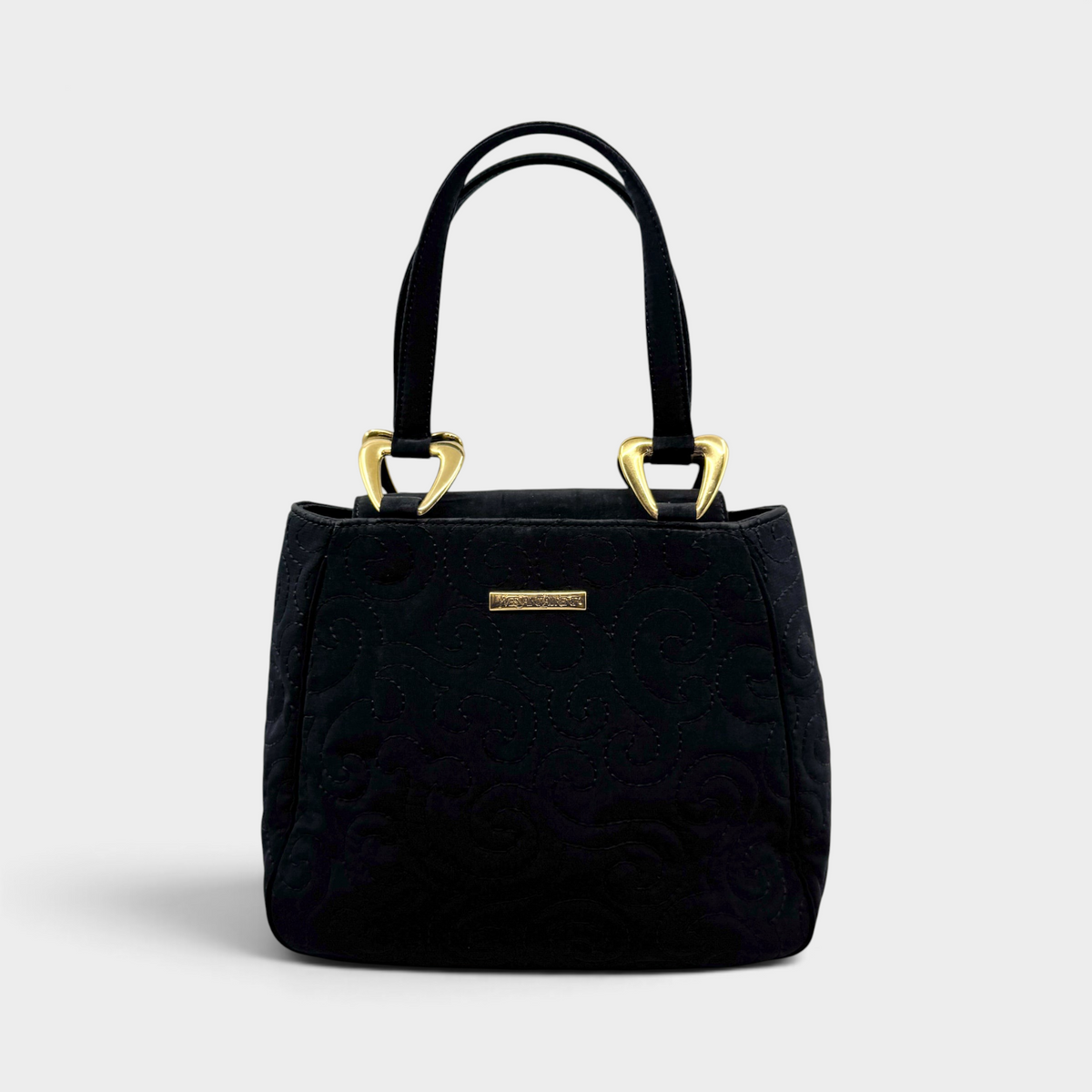 Studio61 Preloved Boutique Sydney vintage Yves Saint Laurent black quilted fabric evening bag with gold hardware