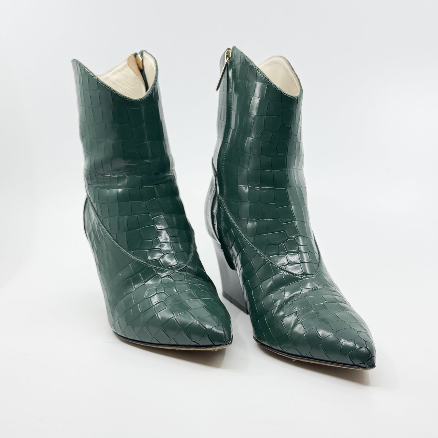 Tibi Green Croc Embossed Shiny Leather Dylan Ankle Boots EU40 ~ AU9