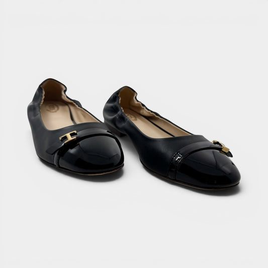 Tod's Black Leather T-Logo Ballet Flat Shoes EU38.5 ~ AU7.5