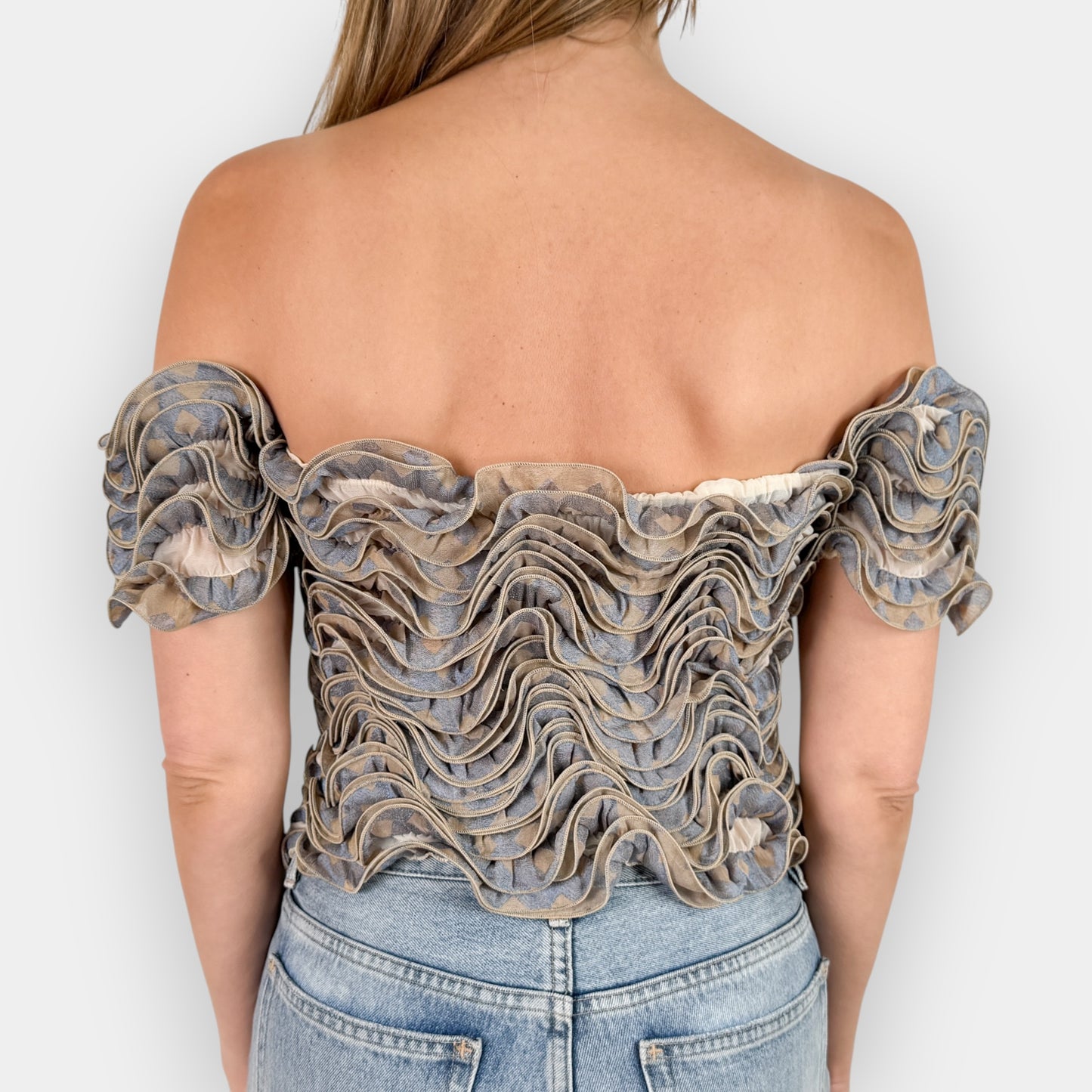 Georgio Armani Vintage Blue Beige Stretch Ruffle Top Medium ~ AU10-12