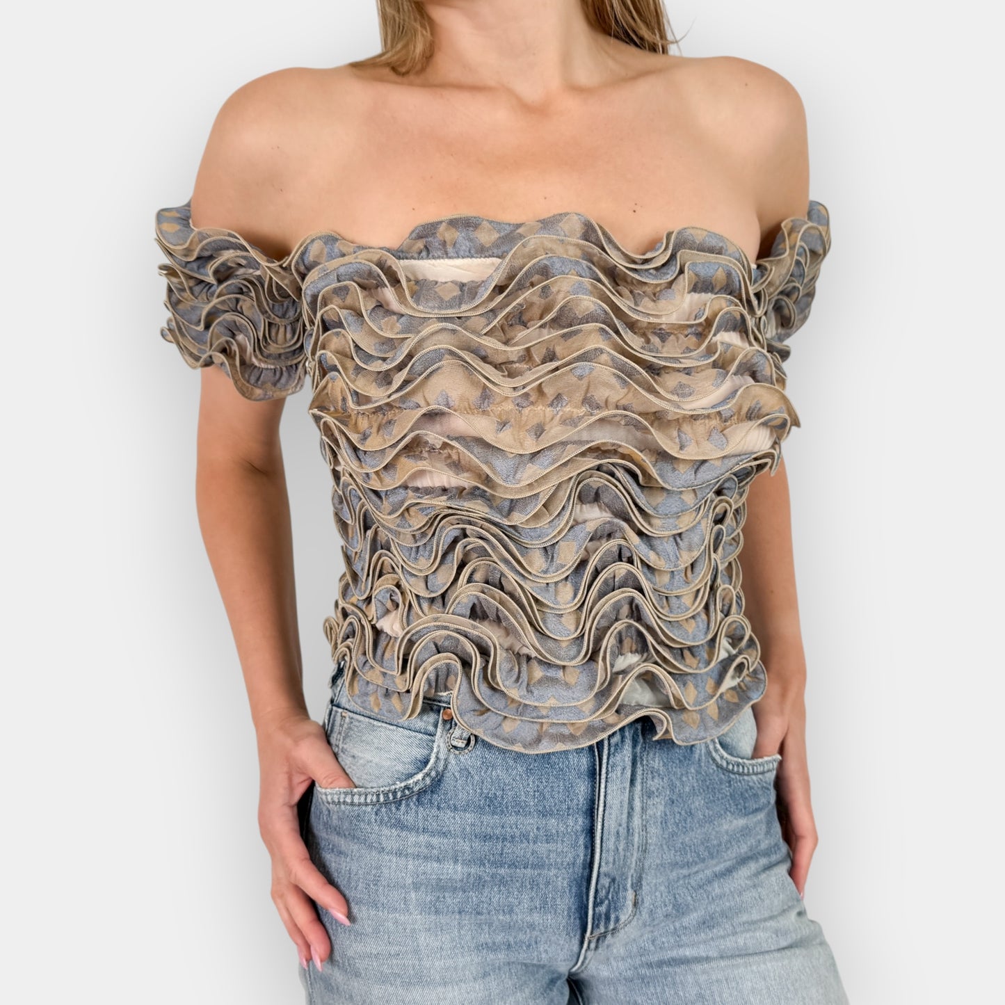 Georgio Armani Vintage Blue Beige Stretch Ruffle Top Medium ~ AU10-12