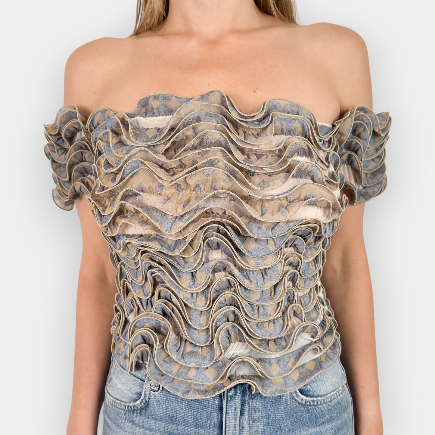 Georgio Armani Vintage Blue Beige Stretch Ruffle Top Medium ~ AU10-12
