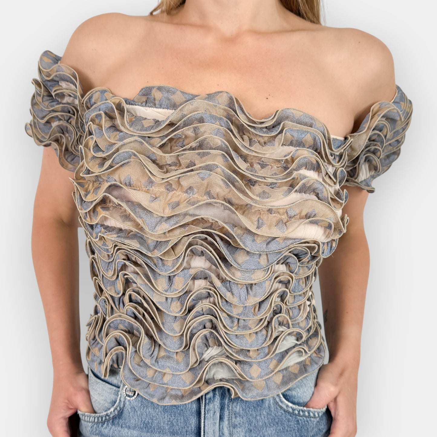 Georgio Armani Vintage Blue Beige Stretch Ruffle Top Medium ~ AU10-12