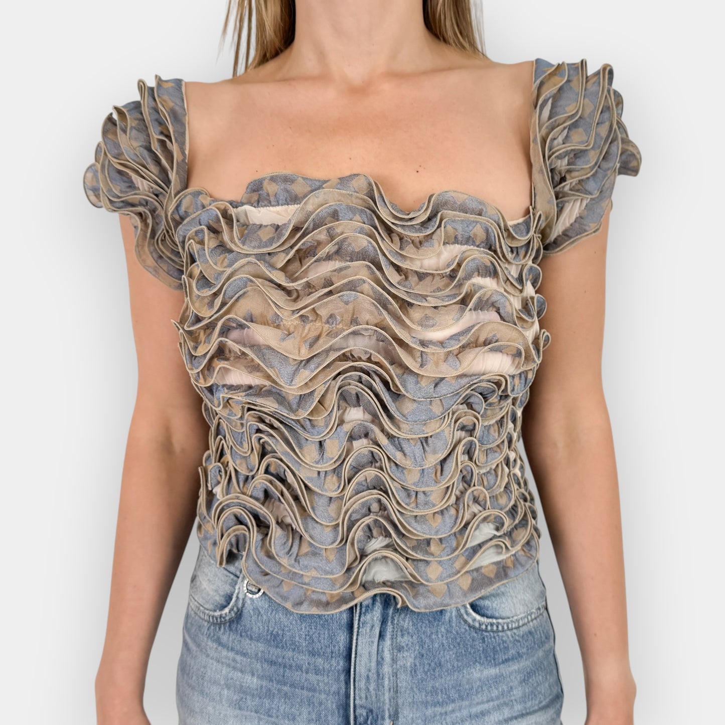Georgio Armani Vintage Blue Beige Stretch Ruffle Top Medium ~ AU10-12