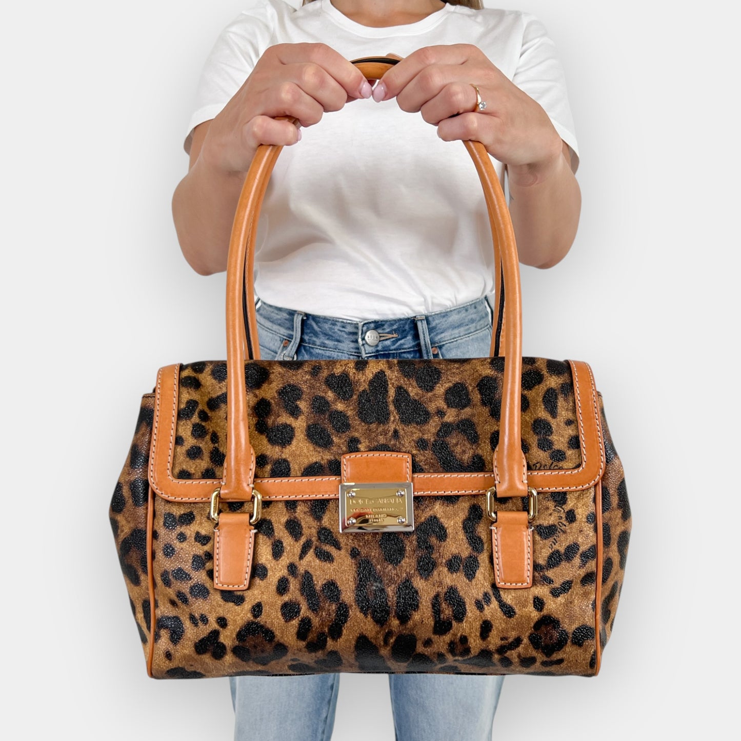 Dolce & Gabbana Coated Fabric & Leather Animal Print Shoulder Bag