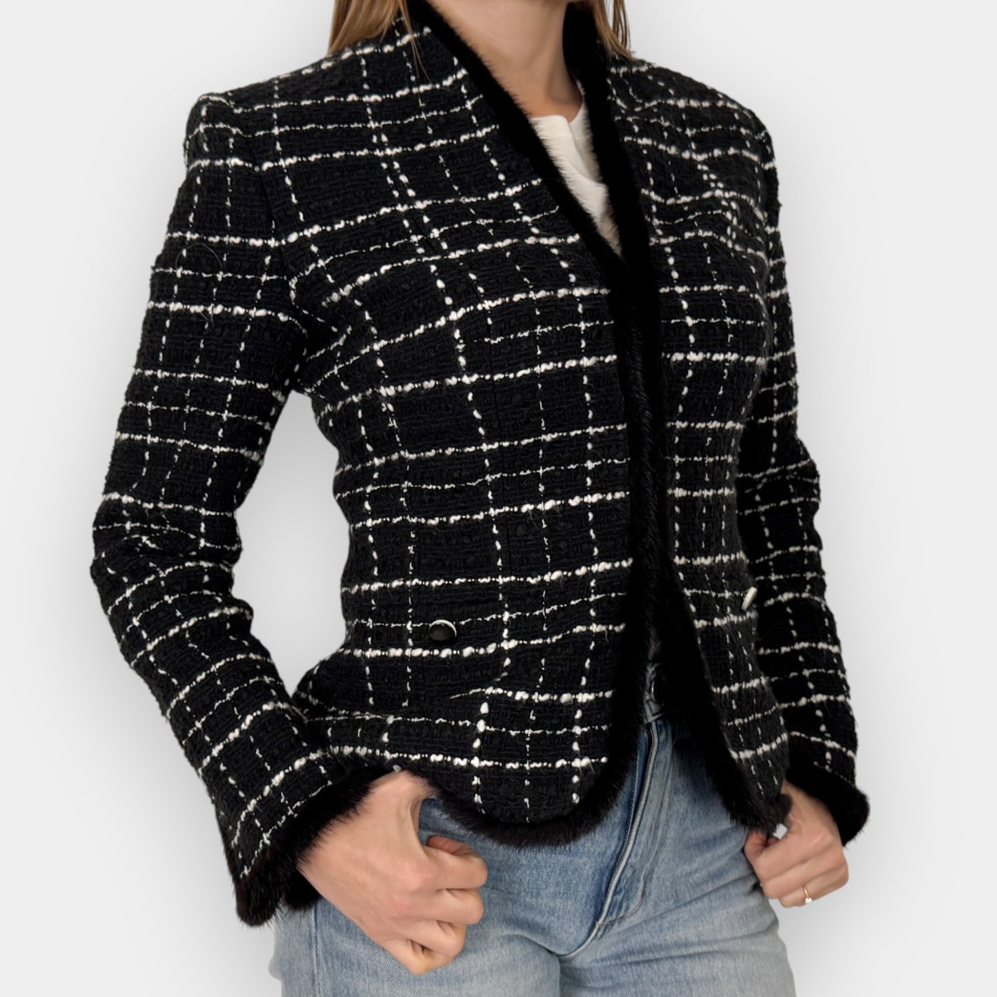 Basler Black White Tweed Bouclé Fur Trim Tailored Jacket ~ AU10