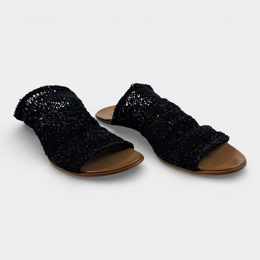 CYDWOQ Black Vintage Knit Leather Mule Sandals EU40 ~ AU9