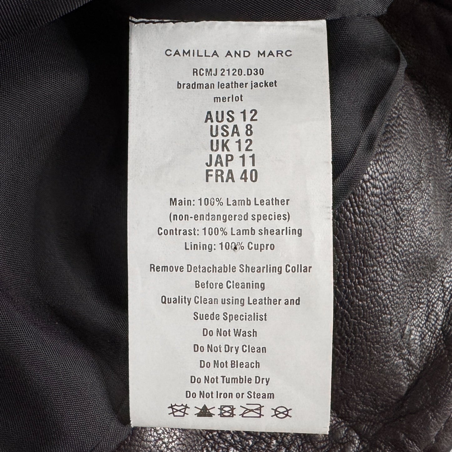 Camilla and Marc Merlot Lambs Leather Bradman Jacket AU12 ~ Medium