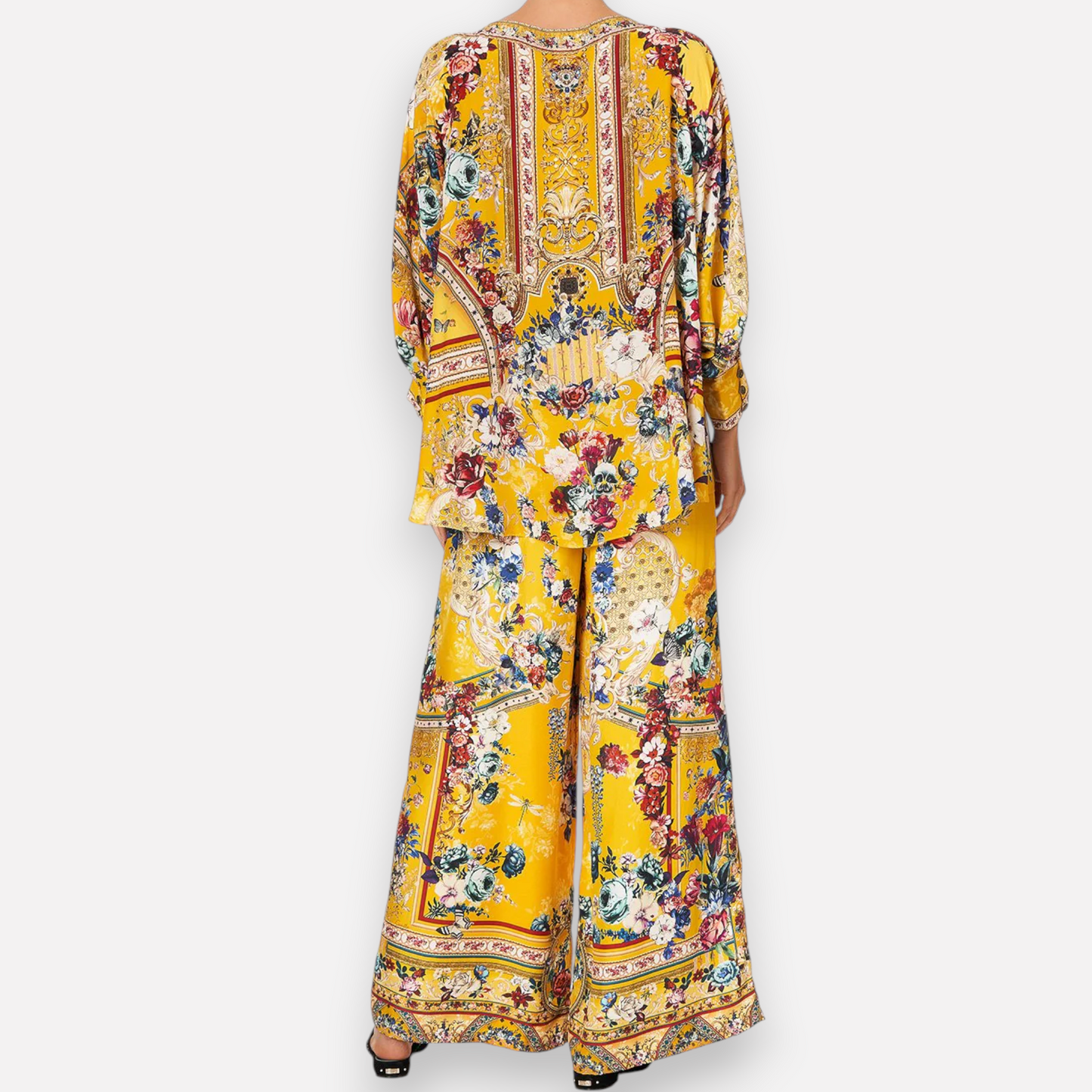 Camilla Yellow Crowned Roses Long Sleeve Tie-Neck Floral Silk Top One Size ~ AU10-12-14