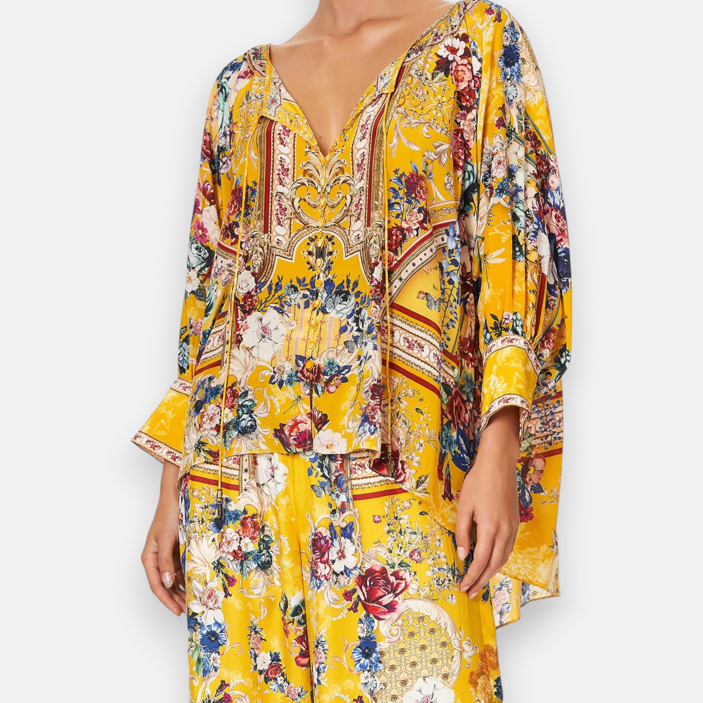 Camilla Yellow Crowned Roses Long Sleeve Tie-Neck Floral Silk Top One Size ~ AU10-12-14