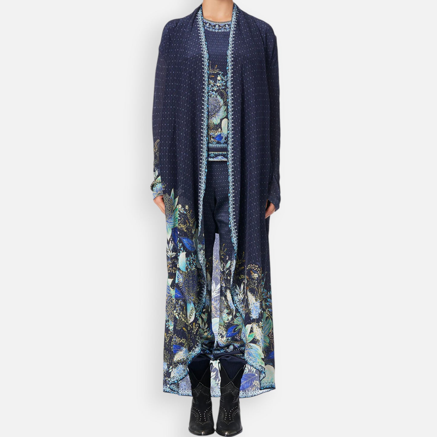 Camilla Nature's Nectar Blue Australian Natives Long Duster Jacket S/M ~ AU10-12