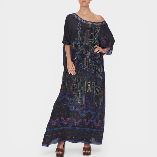 Camilla Nocturnal Neons Sydney Print Round Neck Silk Kaftan Dress One Size