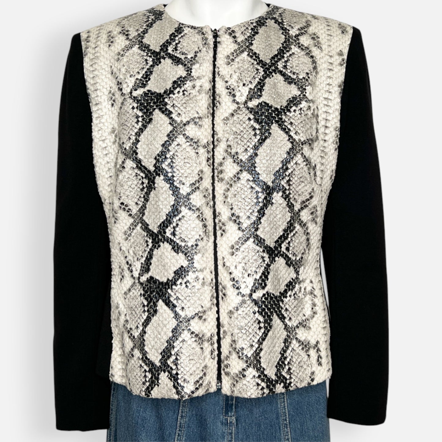 Carla Zampatti Black & Off-White Snake Skin Embossed Zip Jacket - AU12