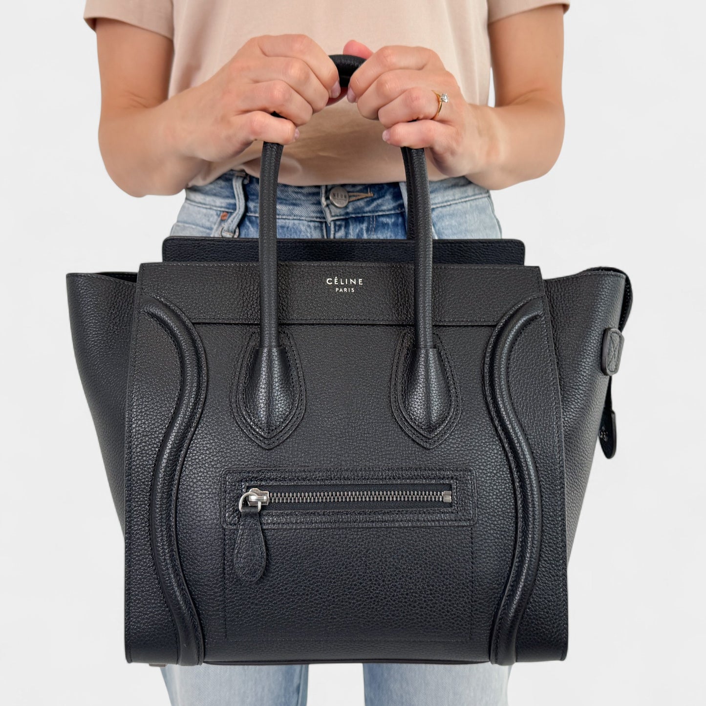 Celine Paris Black Grainy Leather Mini (Medium) Luggage Tote Bag