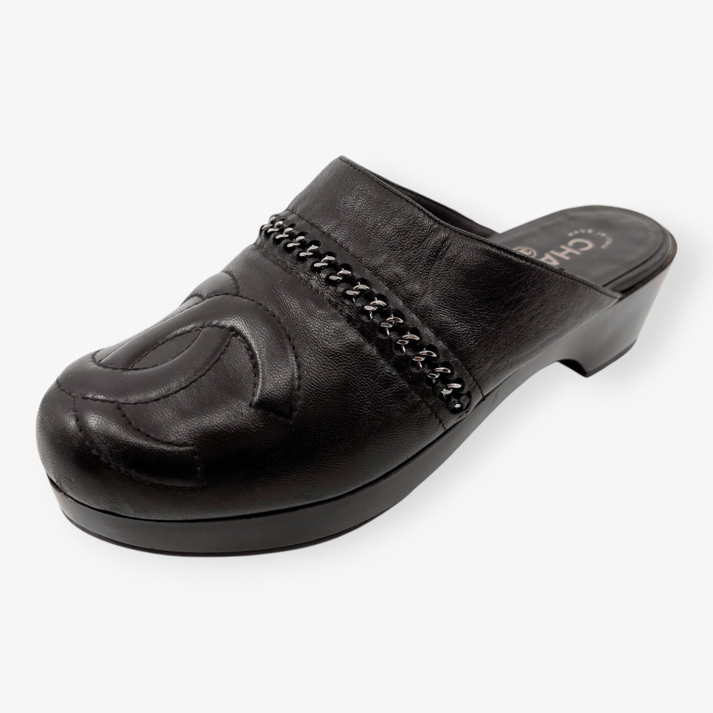 Chanel Black Leather and Silver Chain Clog Style Shoes EU40 ~ AU9