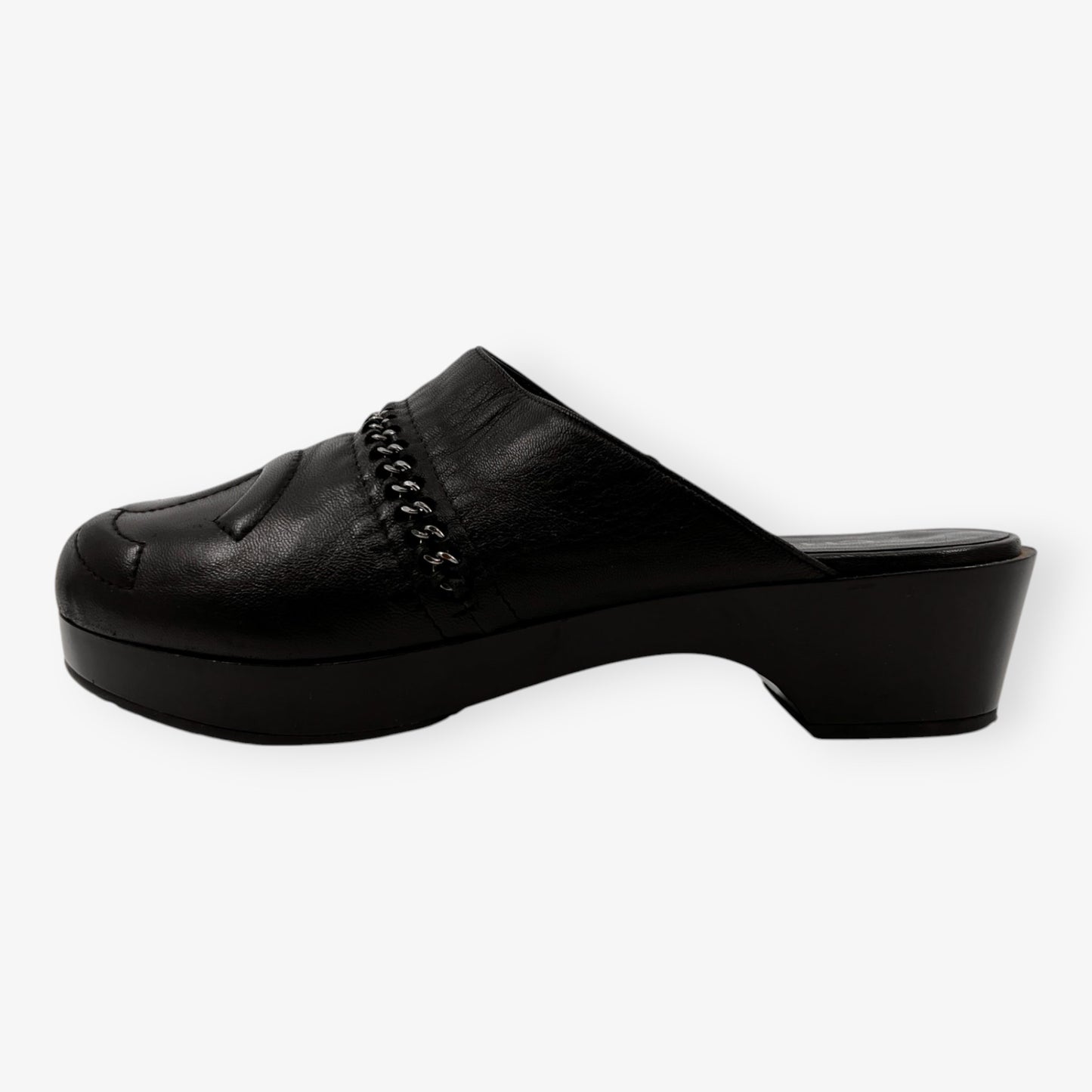 Chanel Black Leather and Silver Chain Clog Style Shoes EU40 ~ AU9