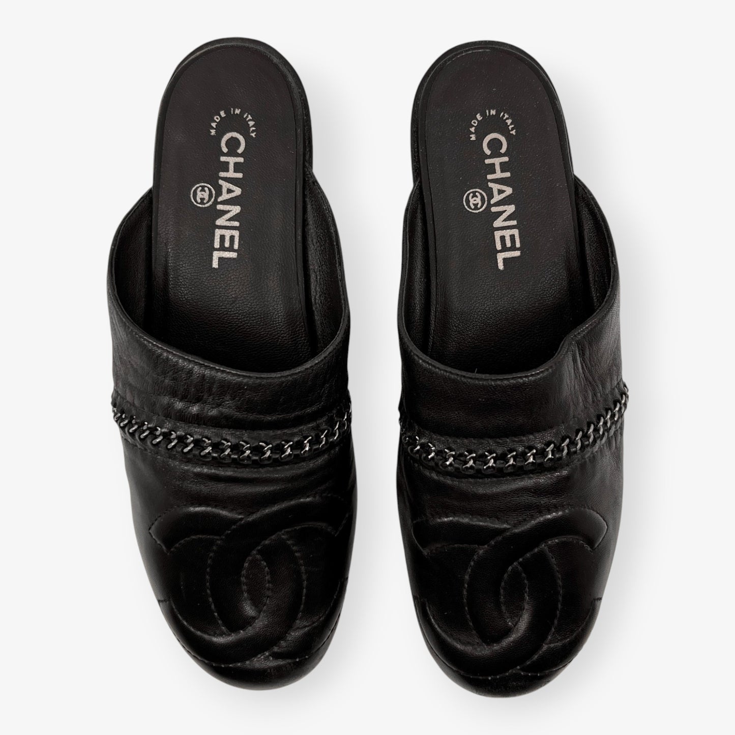 Chanel Black Leather and Silver Chain Clog Style Shoes EU40 ~ AU9
