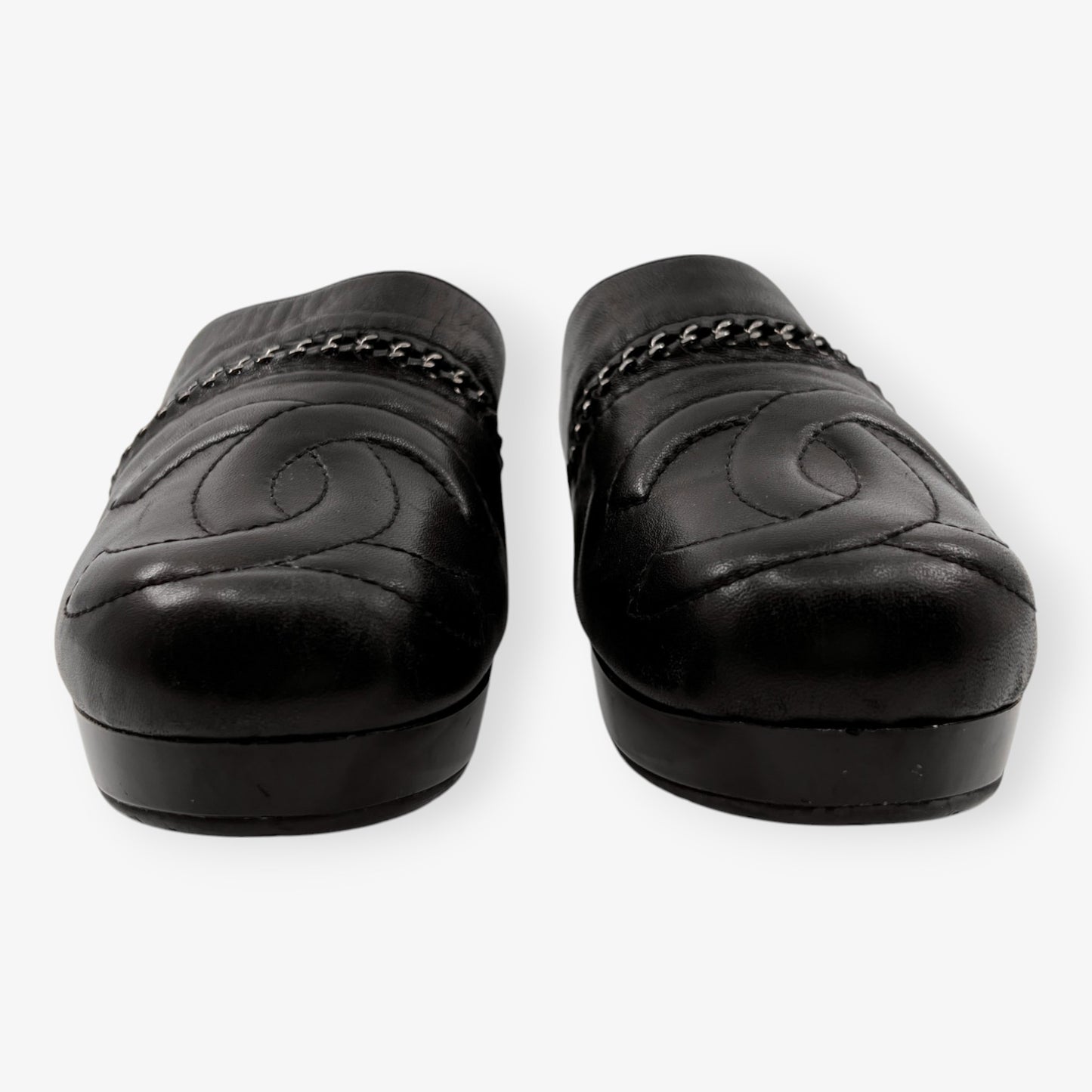 Chanel Black Leather and Silver Chain Clog Style Shoes EU40 ~ AU9