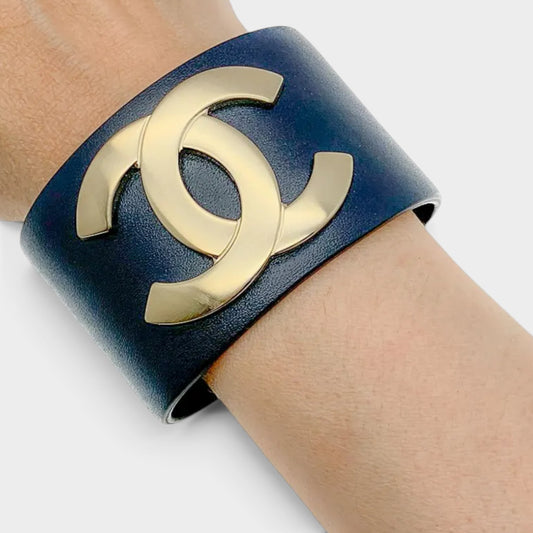 Chanel Navy Blue Leather Gold Tone CC Cuff Bracelet Medium (Exclusive Edition 2017)