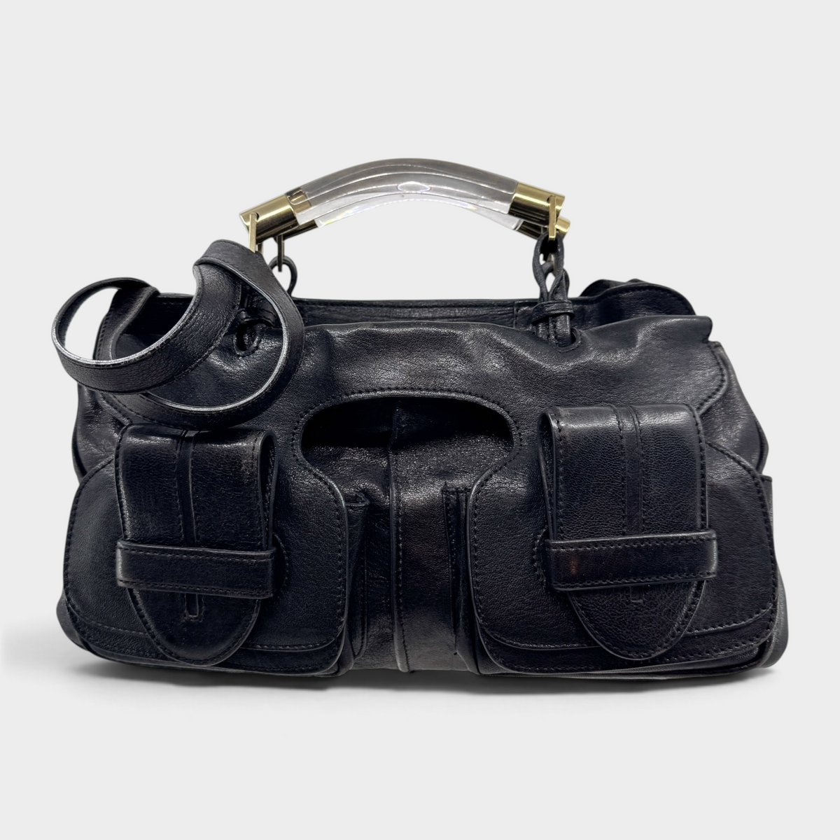 Studio61 Preloved Boutique Sydney vintage Chloé Saskia black leather satchel with resin handles and gold hardware