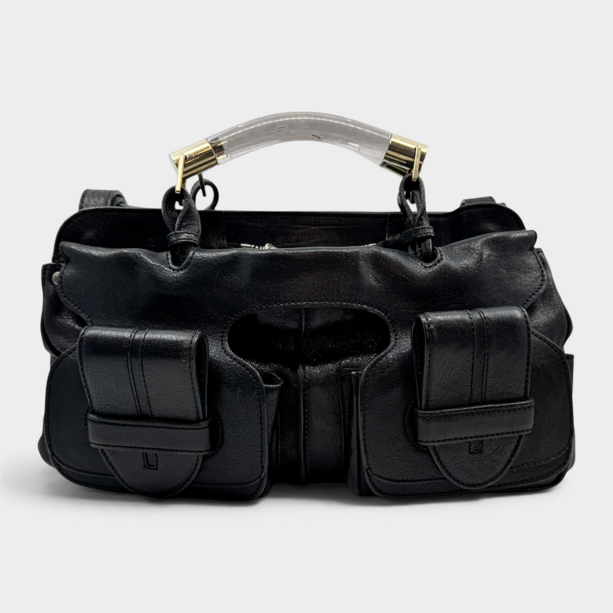 Studio61 Preloved Boutique Sydney vintage Chloé Saskia black leather satchel with resin handles and gold hardware.