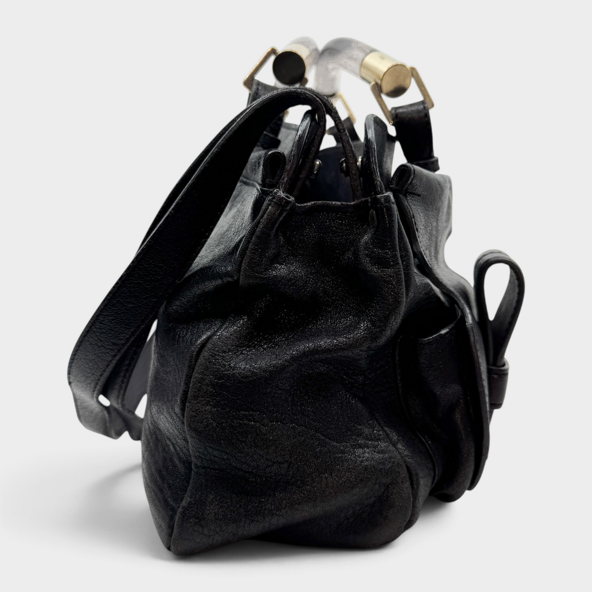 Studio61 Preloved Boutique Sydney vintage Chloé Saskia black leather satchel with resin handles and gold hardware