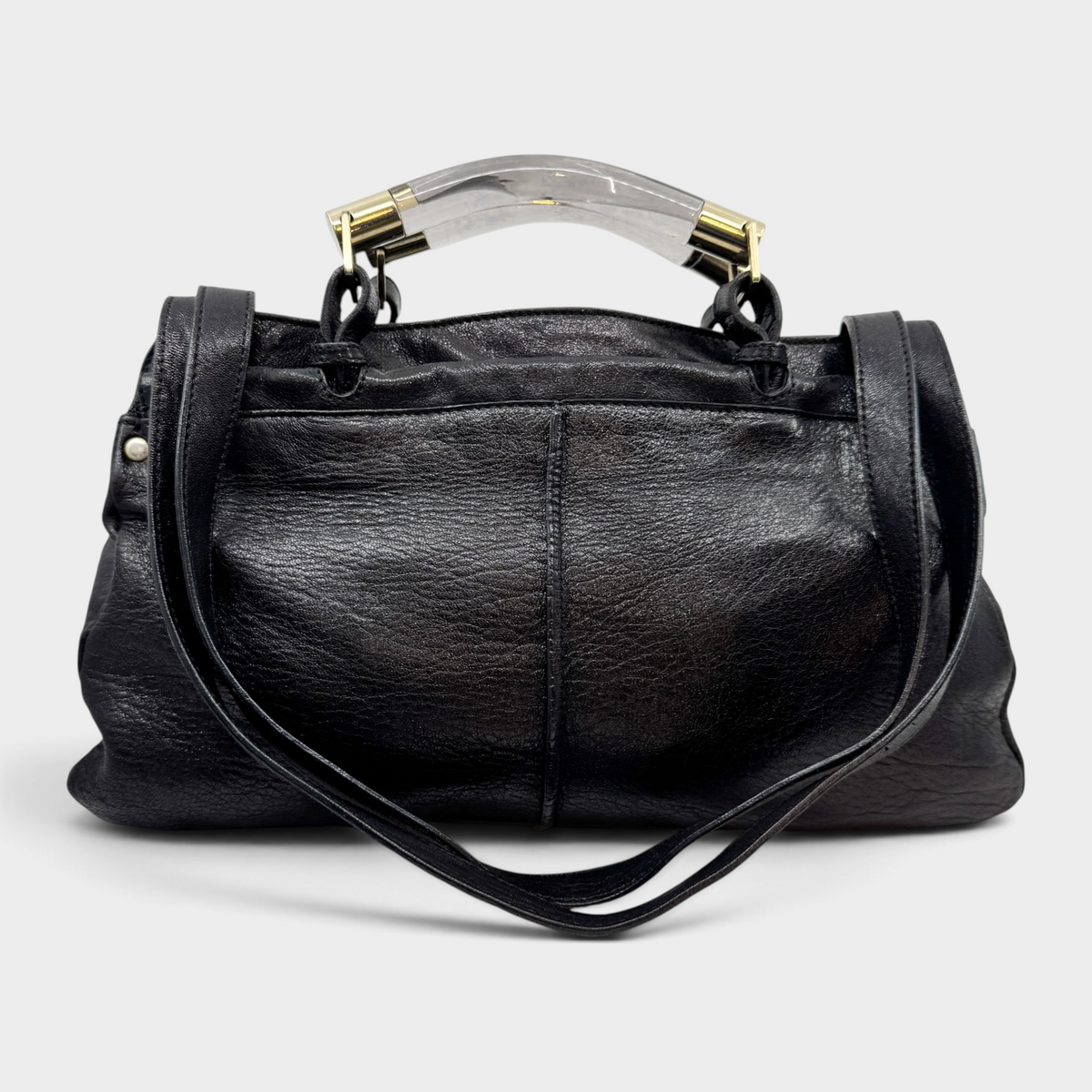 Studio61 Preloved Boutique Sydney vintage Chloé Saskia black leather satchel with resin handles and gold hardware.
