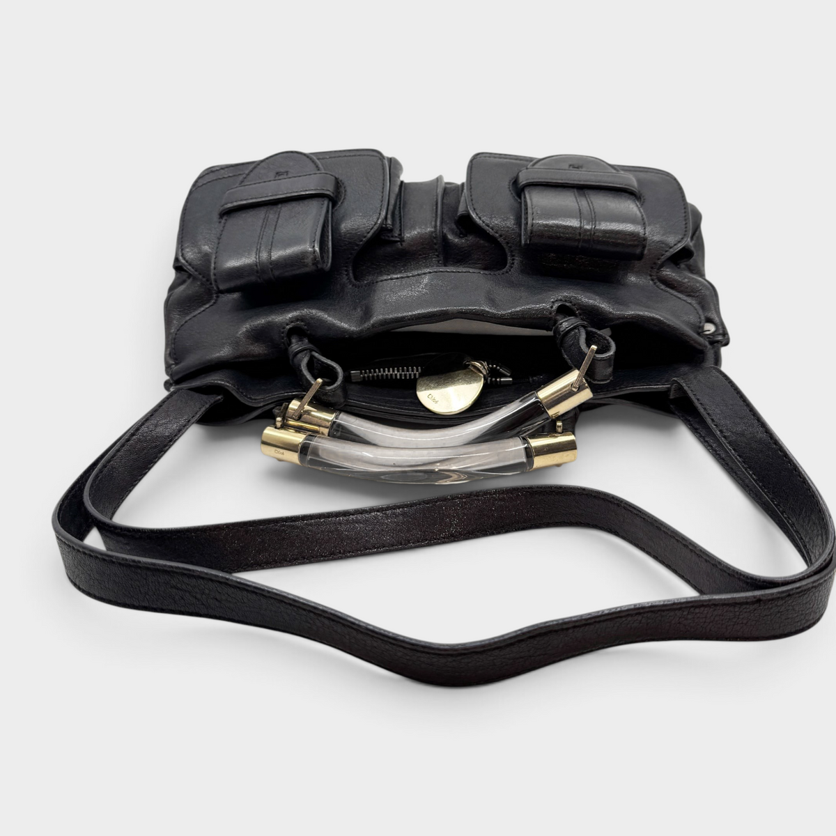 Studio61 Preloved Boutique Sydney vintage Chloé Saskia black leather satchel with resin handles and gold hardware