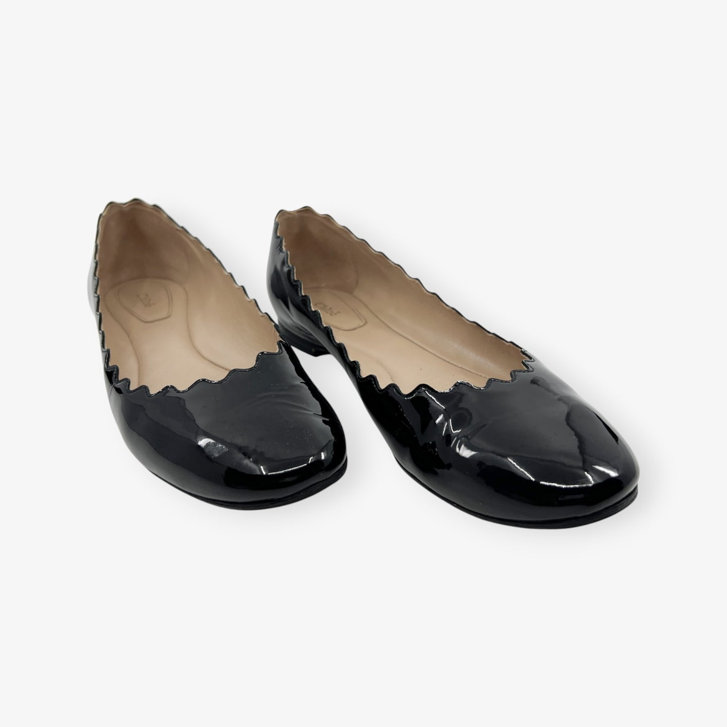Chloe Black Patent Leather Scalloped Edge Lauren Flat Shoes EU38 ~ AU7