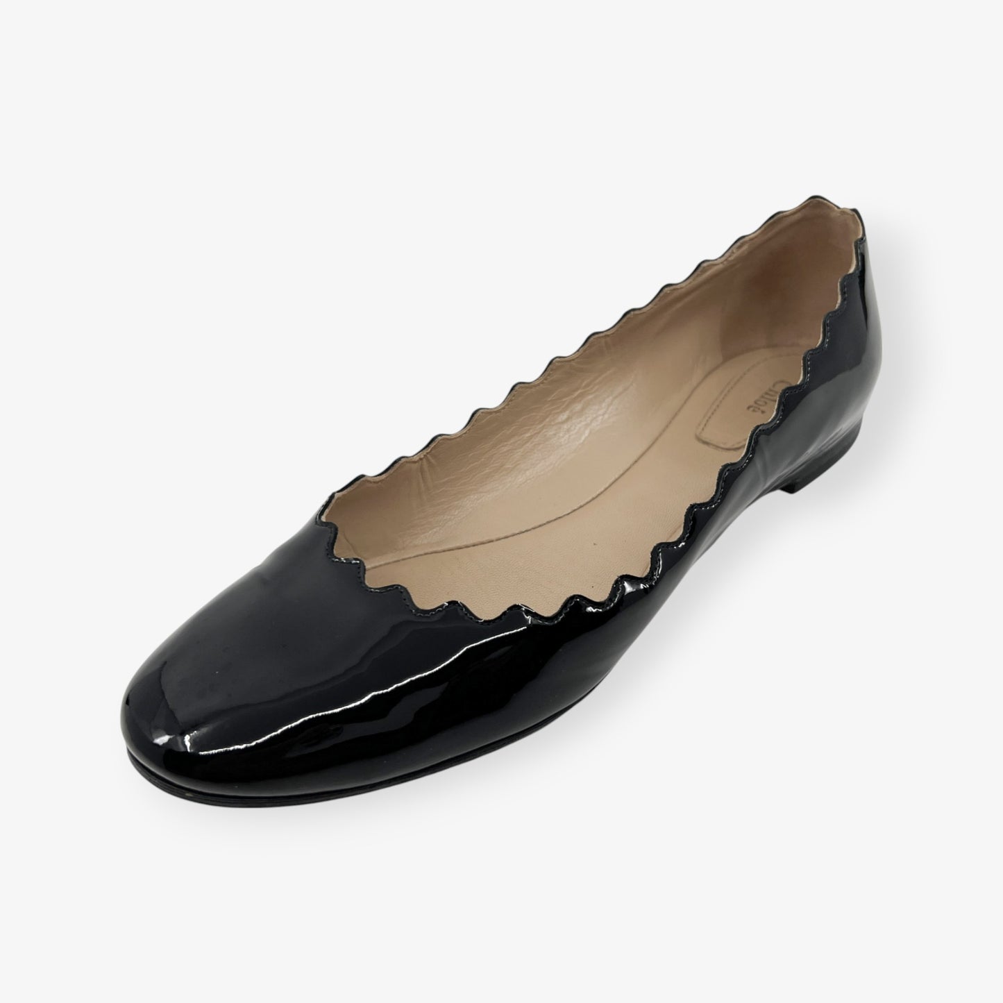 Chloe Black Patent Leather Scalloped Edge Lauren Flat Shoes EU38 ~ AU7