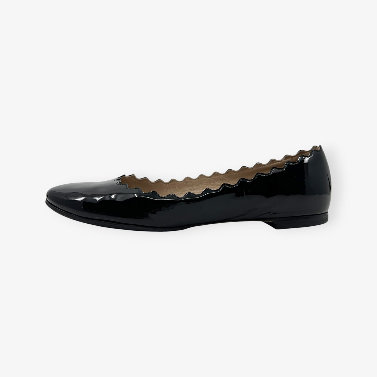 Chloe Black Patent Leather Scalloped Edge Lauren Flat Shoes EU38 ~ AU7