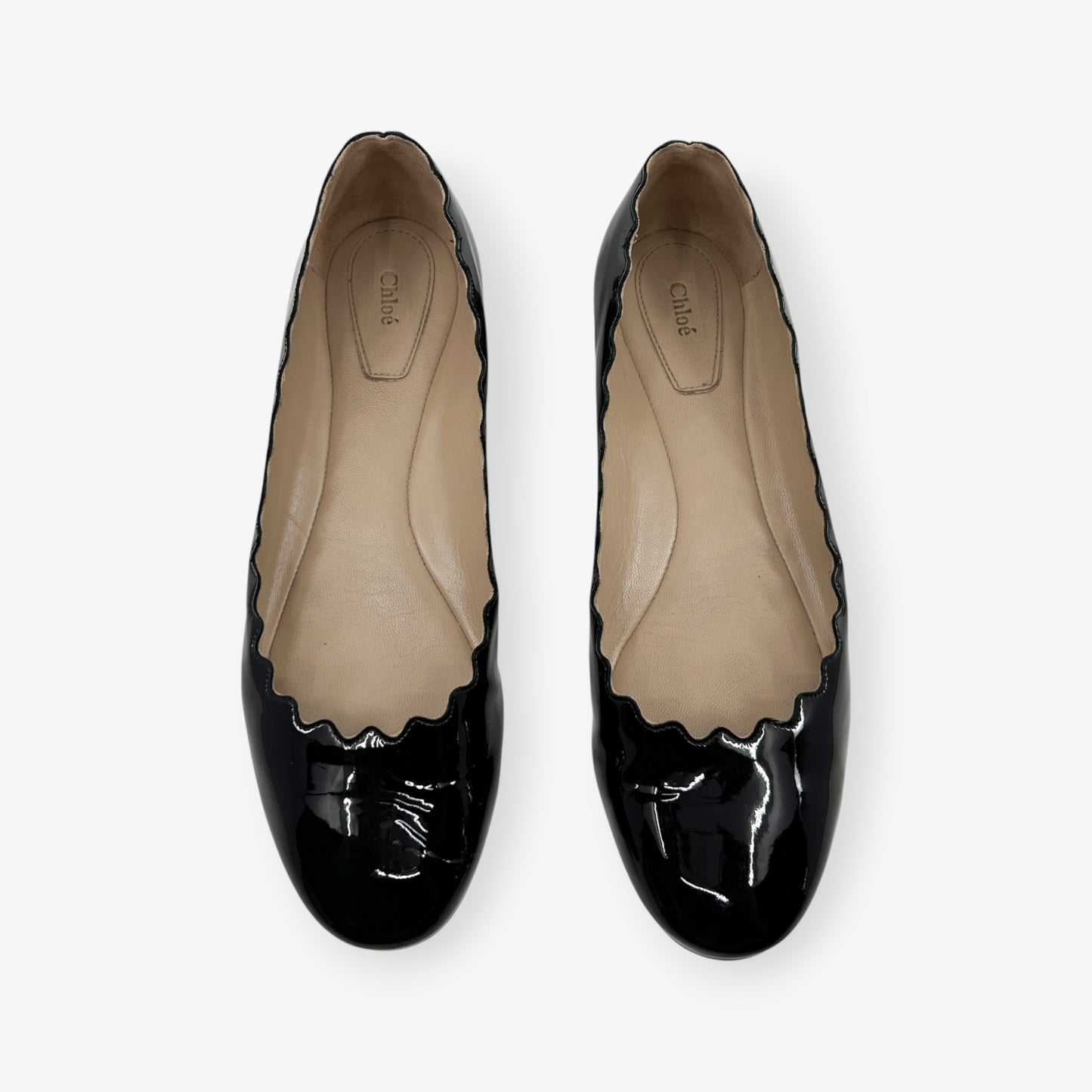 Chloe Black Patent Leather Scalloped Edge Lauren Flat Shoes EU38 ~ AU7