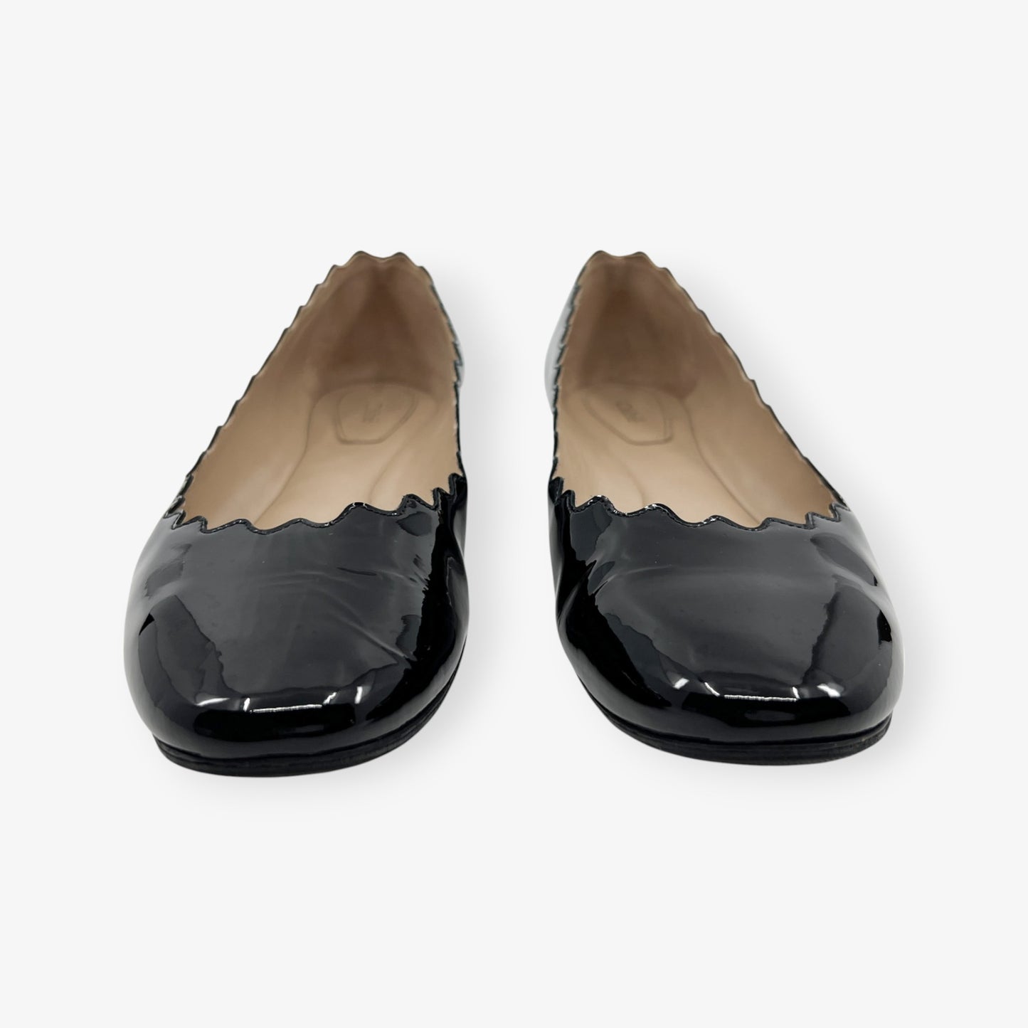 Chloe Black Patent Leather Scalloped Edge Lauren Flat Shoes EU38 ~ AU7