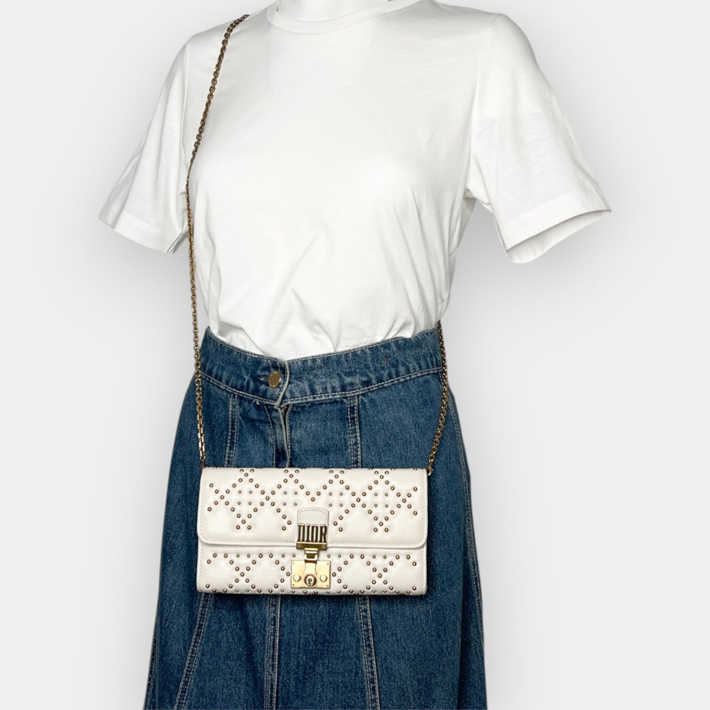 Dior Dioraddict Creamy White Leather & Brass Studs Wallet On Chain Bag