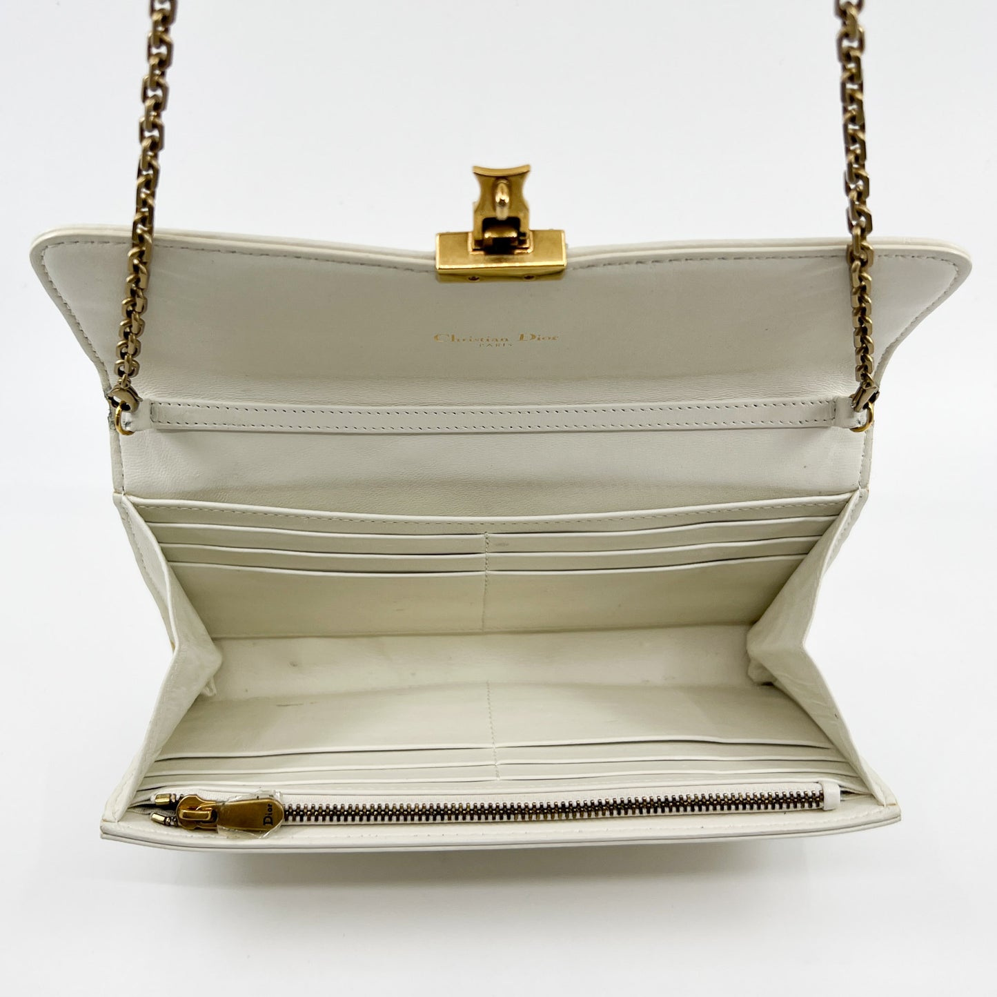 Dior Dioraddict Creamy White Leather & Brass Studs Wallet On Chain Bag