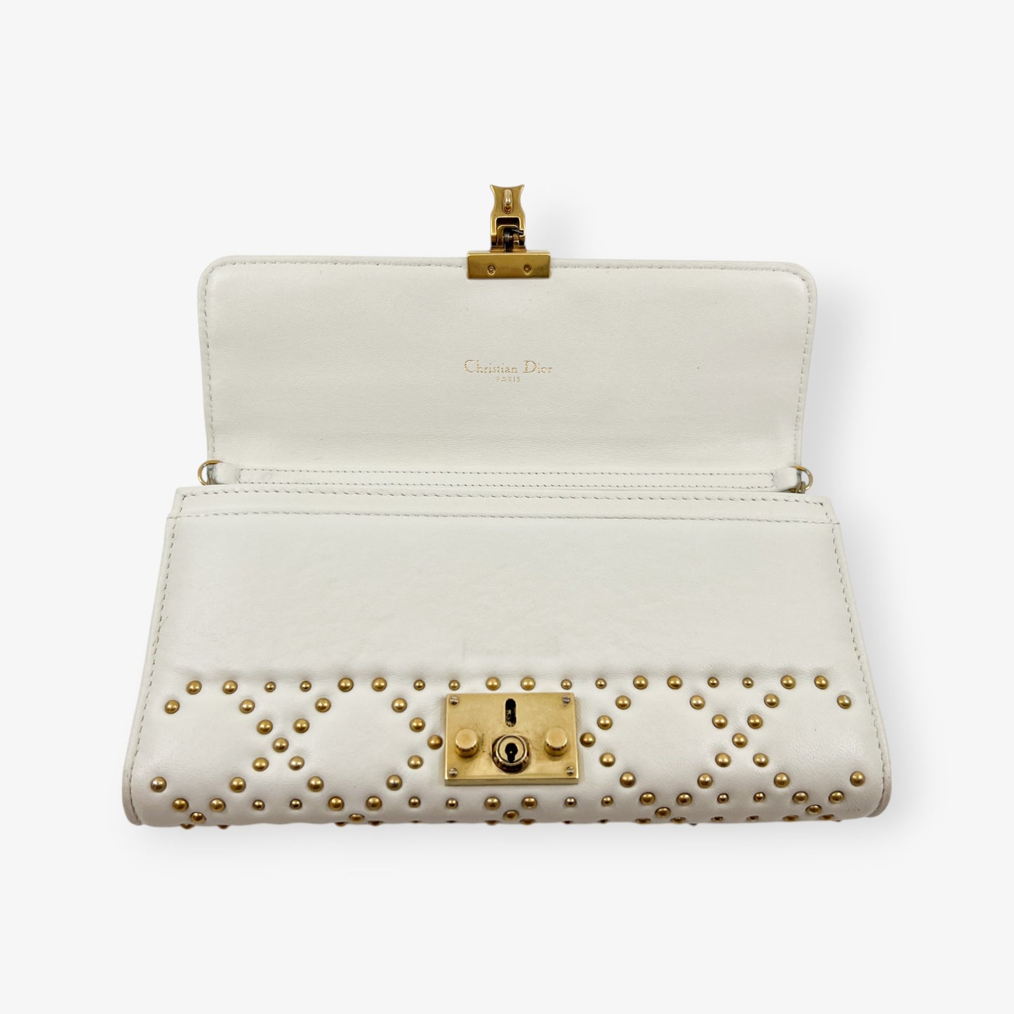 Dior Dioraddict Creamy White Leather & Brass Studs Wallet On Chain Bag