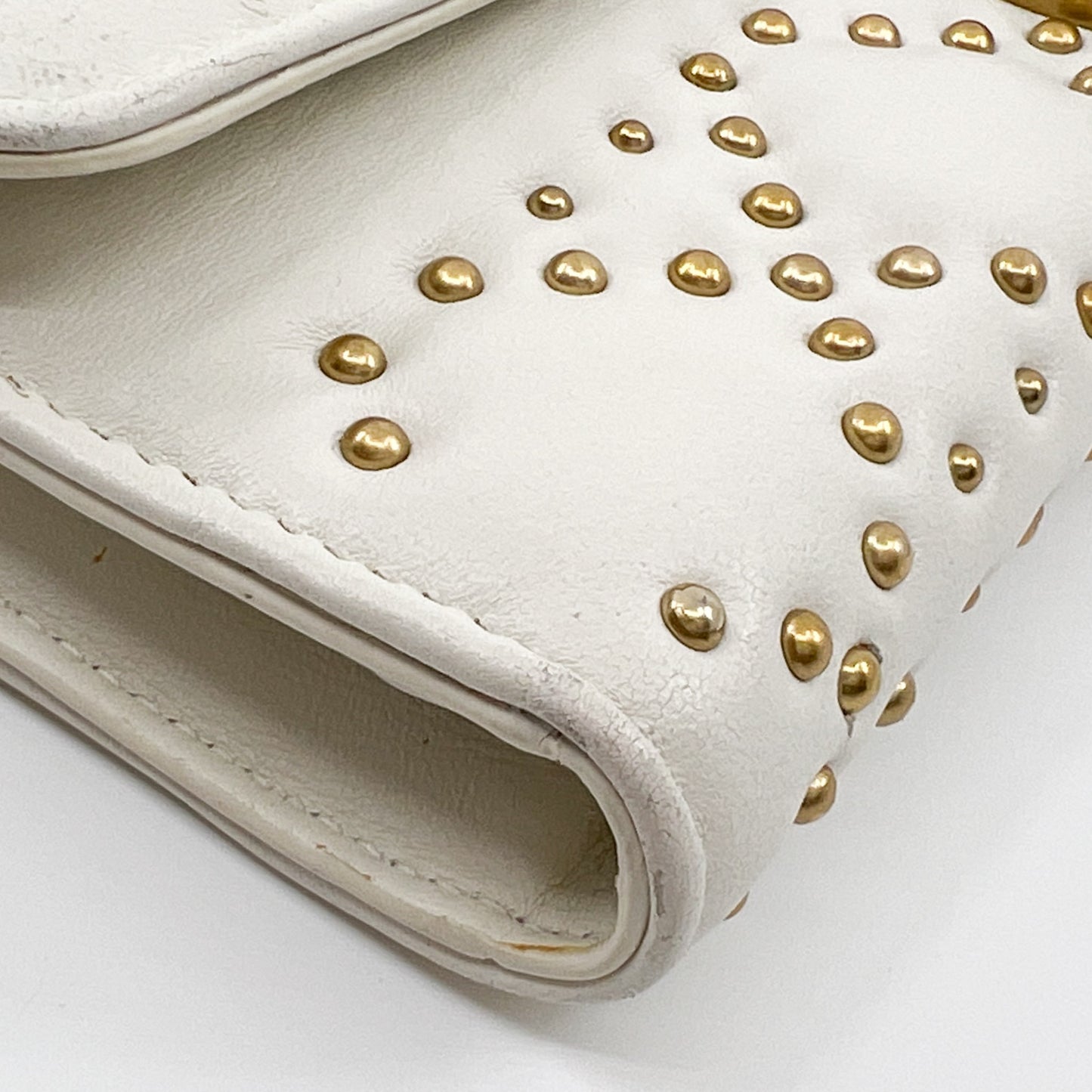 Dior Dioraddict Creamy White Leather & Brass Studs Wallet On Chain Bag