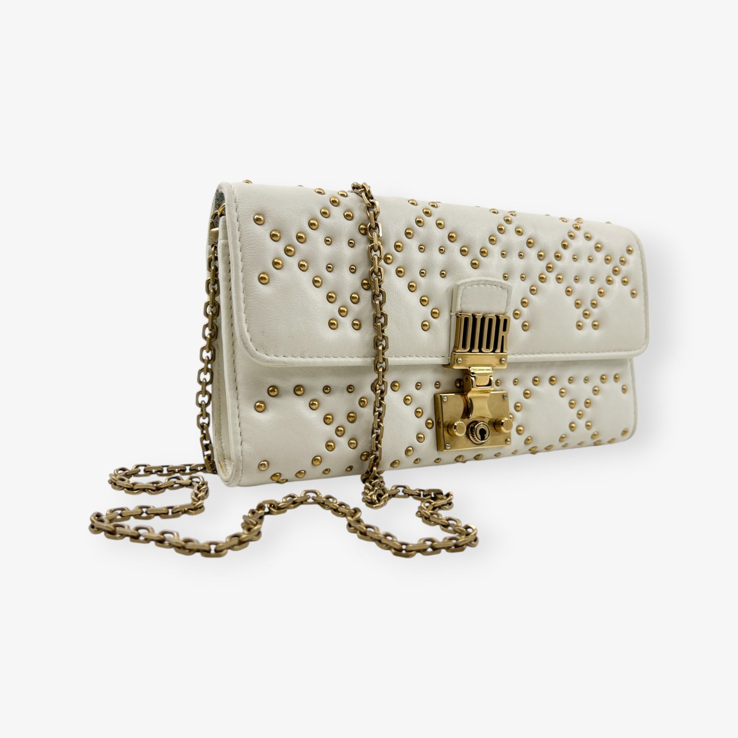 Dior Dioraddict Creamy White Leather & Brass Studs Wallet On Chain Bag