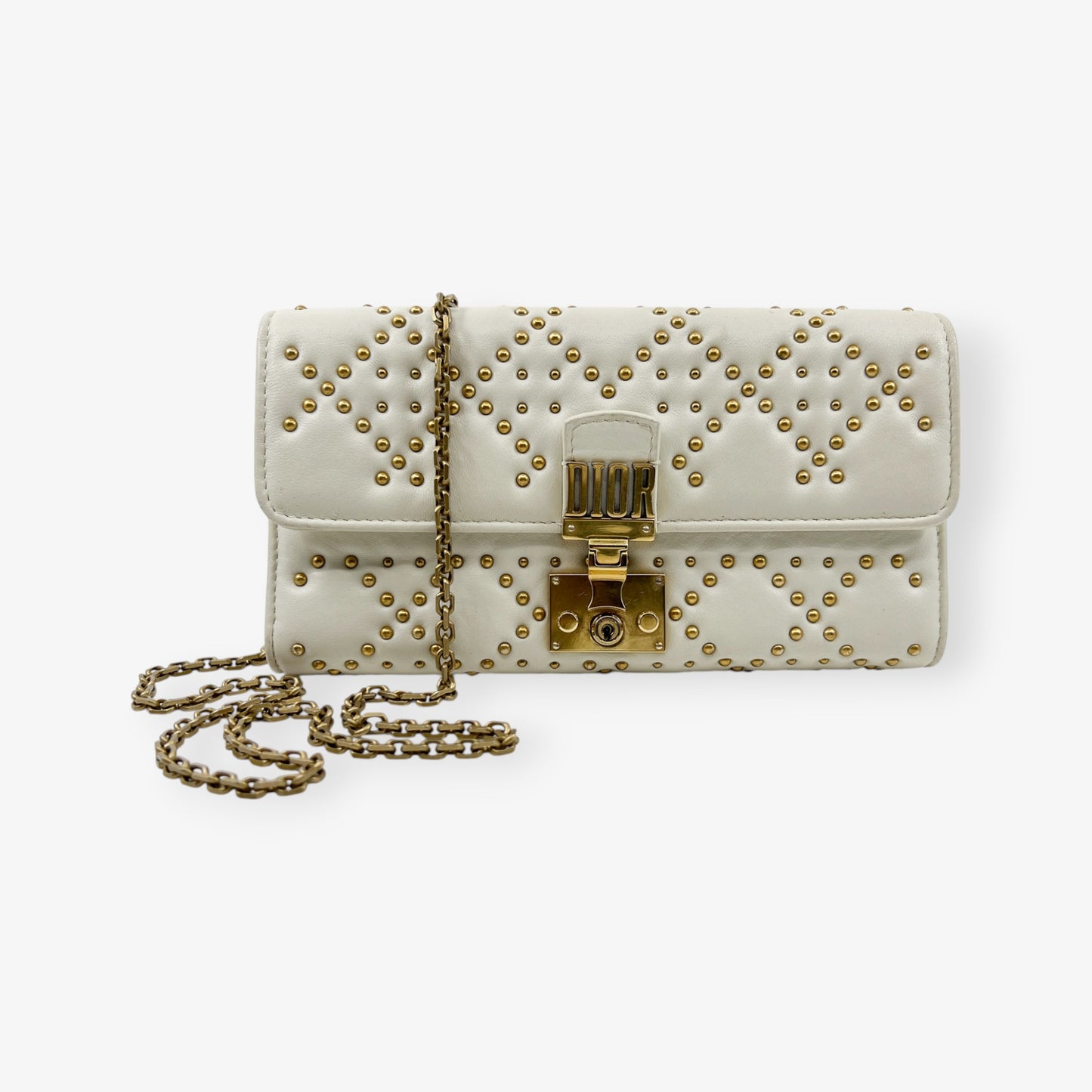 Dior Dioraddict Creamy White Leather & Brass Studs Wallet On Chain Bag