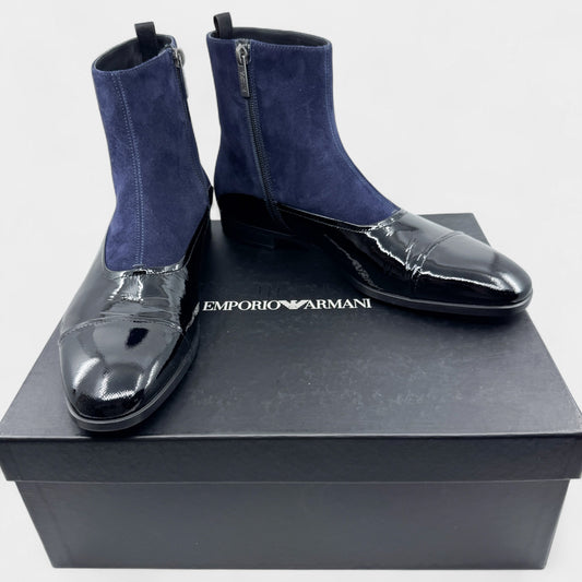 Emporio Armani Black Patent Leather & Blue Suede Boots M7 ~ W9 ~ EU40