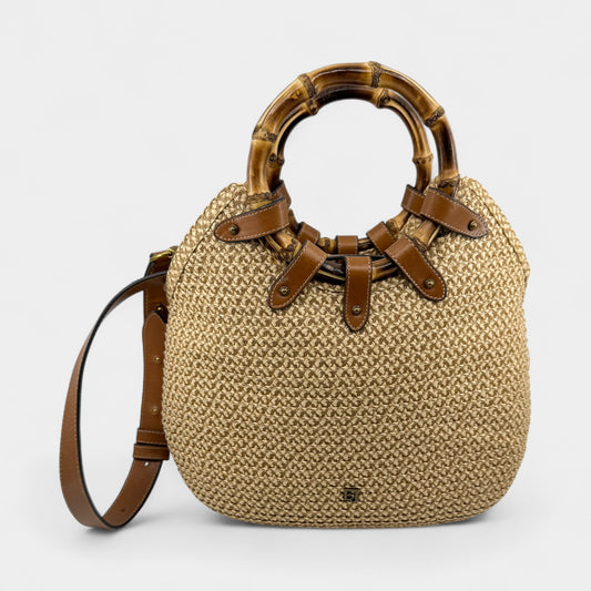 Eric Javits NY Beige Brown Bamboo Handle My Way Tote Bag
