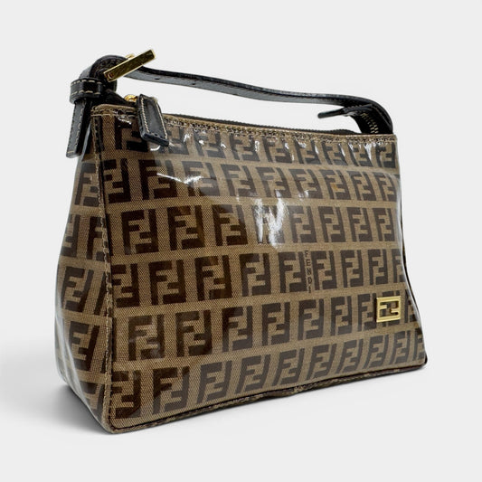 Fendi FF Zucchino Coated Canvas Leather Trim Zip Pouch Bag